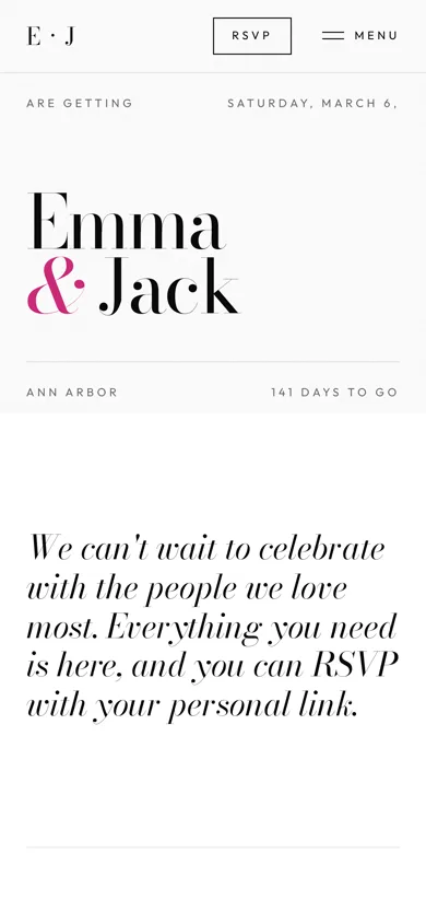 A couple's wedding website on a phone: their names, the date and an RSVP button.